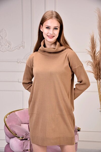 Kırçiçek Women's Degaje Collar Pocketed Soft Textured Knitwear Tunic