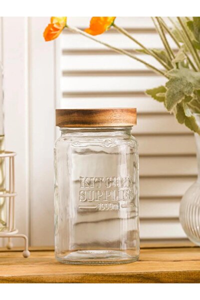 LC Waikiki Colorless Glass Jar with Wooden Lid (S6)