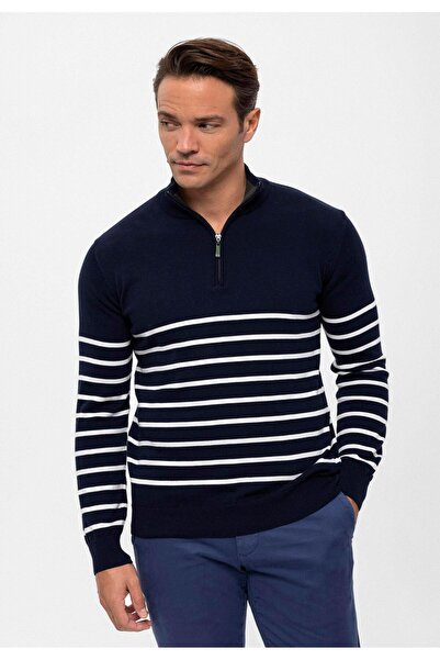 Felix Hardy Men's Half-Zip Striped Sweater - Navy Blue