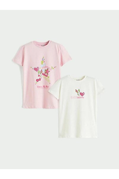 LC Waikiki Бяла тениска с принт на велосипед за момичета, 2 броя (S6)