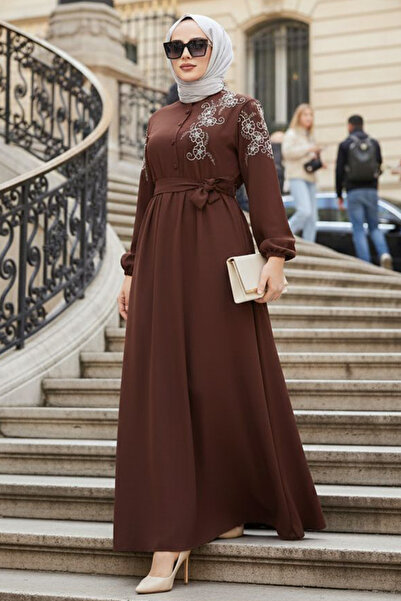 N.S NEVA STYLE Belted Brown Hijab Dress 30550Kh