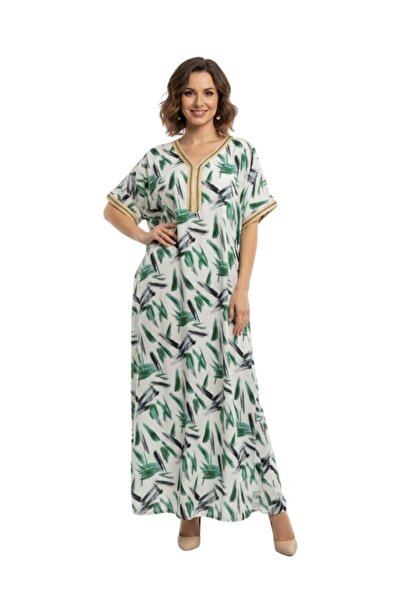 Comfort Women Green Abstract Print Maxi Jalabiya Lightweight Modest Dress