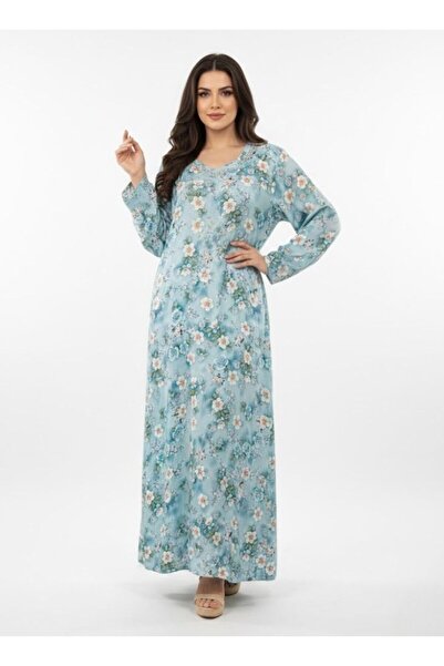 Comfort Sky Blue Floral Printed Maxi Jalabiya for Women Full Length Long Sleeves