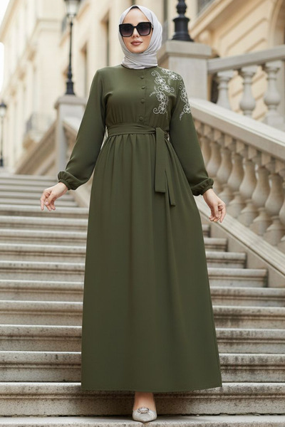 N.S NEVA STYLE Belted Khaki Hijab Dress 30550Hk