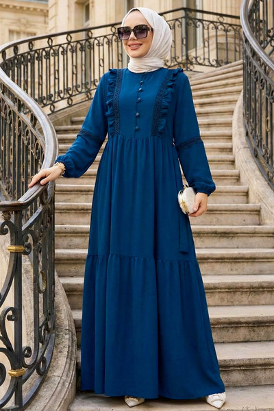 N.S NEVA STYLE Ruffle Detailed Petrol Blue Hijab Dress 10318Pm