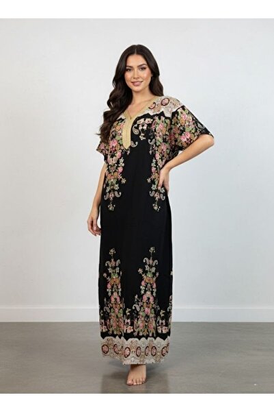 Comfort Women Black Floral Designer Maxi Jalabiya Premium Printed Long Dress ...
