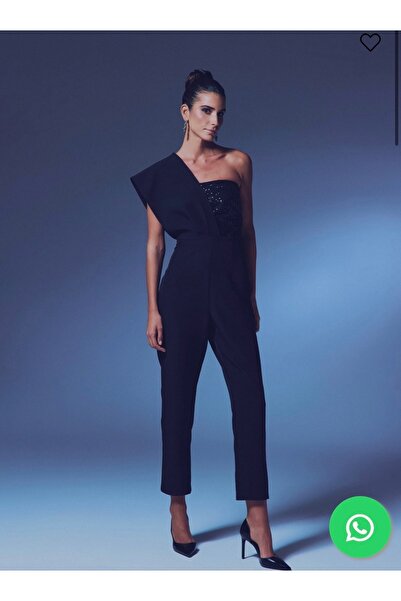 nefes butik Tek Omuz Taş Detaylı Siyah Şık Tulum – Zarif ve Modern Kesim