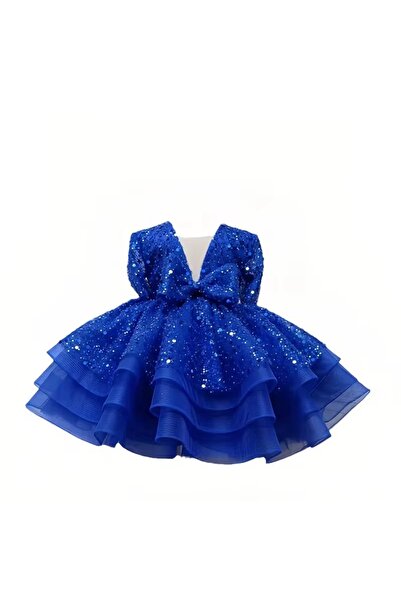 kizu Royal Blue Little Girls Satin Dress with Voluminous Tulle Skirt