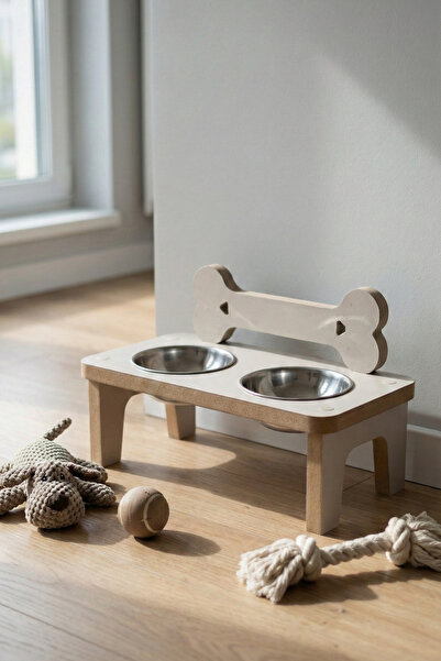 UMN DECOR Kemik Model Krem Renk Ahşap Kedi Köpek Mama Standı - İkili Paslanma...