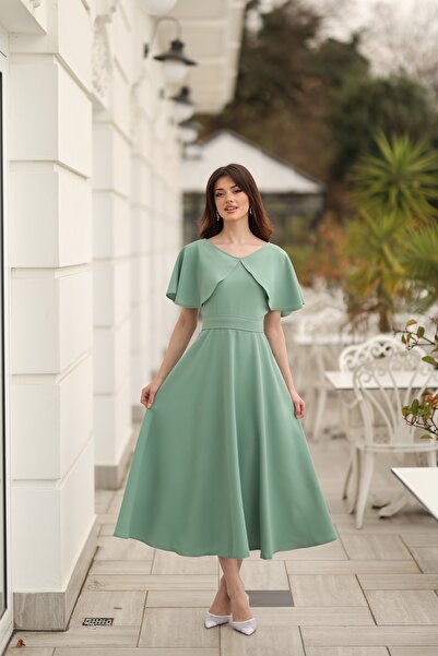 BEYZATURAN Aris Water Green Cape V-Neck Elegant Shoulder Detail Event/Special...