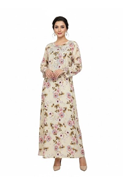 Comfort فستان جلابية طويل خفيف الوزن بنقشة زهور الخوخ للنساء