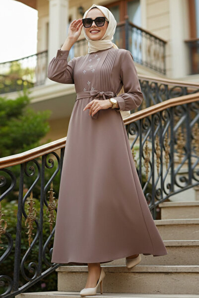 N.S NEVA STYLE Belted Camel Hijab Dress 10309C
