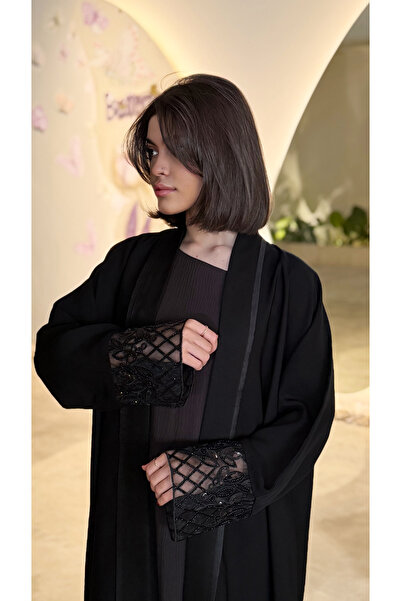 thaayira Princess abaya, black, half-flared cut, internet fabric, chiffon sle...