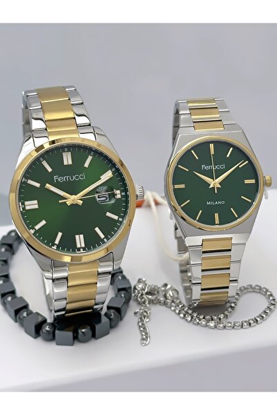 Ferrucci Steel Cord Calendar Lover Couple Wristwatches + Bracelet Gift