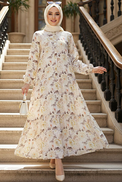 N.S NEVA STYLE Floral Patterned Beige Hijab Dress 63401Bej