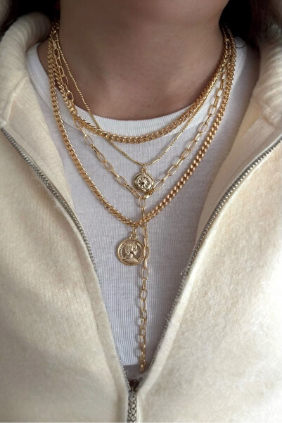 stravis Gold Color Medallion Charm Necklace Set of 4