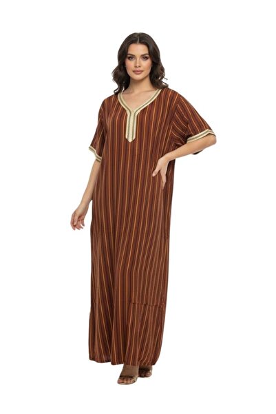 Comfort Women Brown Striped Maxi Jalabiya with V Neck Embroidery Comfortable ...