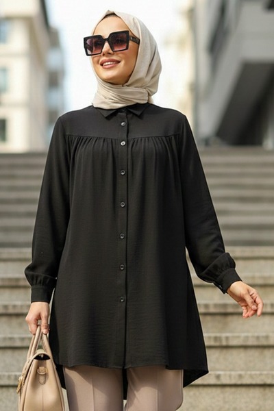 N.S NEVA STYLE Buttoned Black Hijab Tunic 10184S