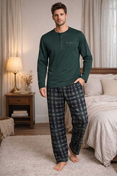 Butik Erkek Yeşil Uzun Kollu Pamuklu Ekose (Kareli) Desenli Pijama Takımı