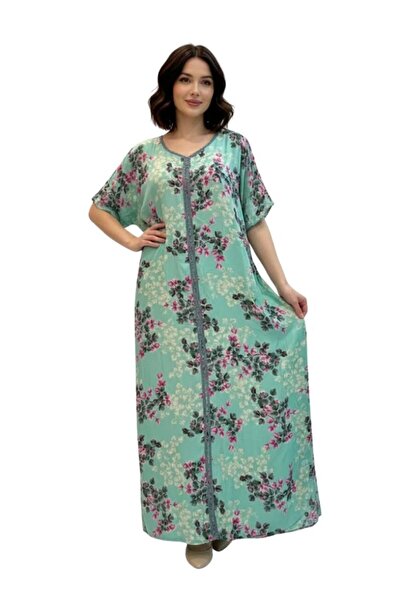 Comfort Women Mint Green Floral Print Maxi Jalabiya with Soft Flowing Silhouette