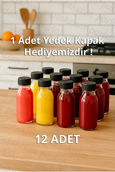 parlakcam 12 Adet 100ml Cam Shot Şişesi Siyah Kapaklı Ginger Shot Detox Şişesi