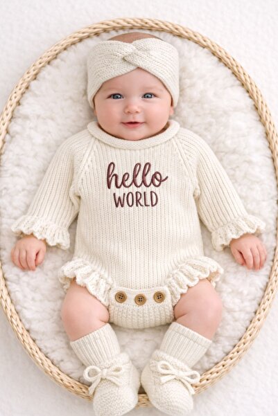 Minytrendy Newborn Baby Girl Hello Concept Knitwear Body Set with Bandana and...