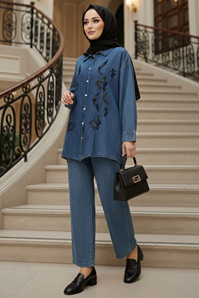 N.S NEVA STYLE Buttoned Navy Blue Hijab Denim Double Set 19159L