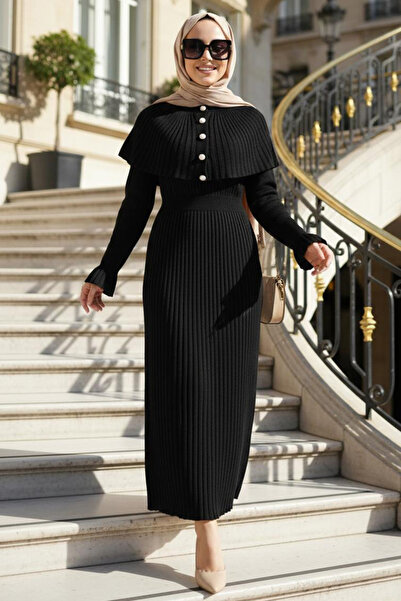 N.S NEVA STYLE Πλισέ Μαύρο Πλεκτό Φόρεμα Τεσεττούρ 78201S