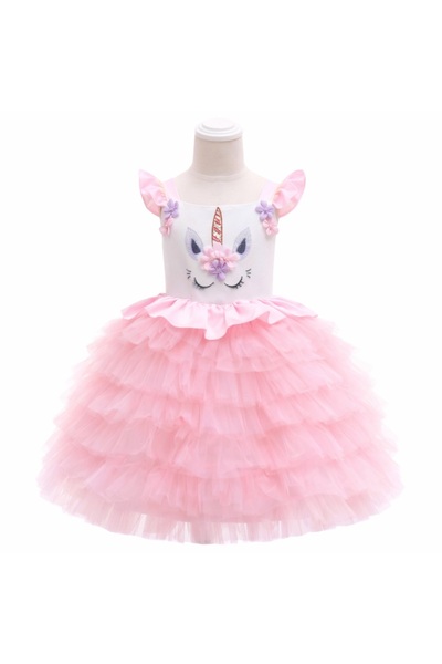 kizu Pink Unicorn Girls Satin Dress with Voluminous Tulle Skirt 4-7-8 years