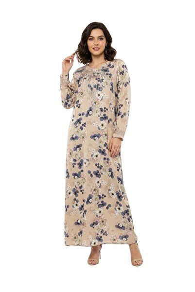 Comfort Beige Floral Printed Jalabiya Modest Long Sleeve Maxi for Daily Wear