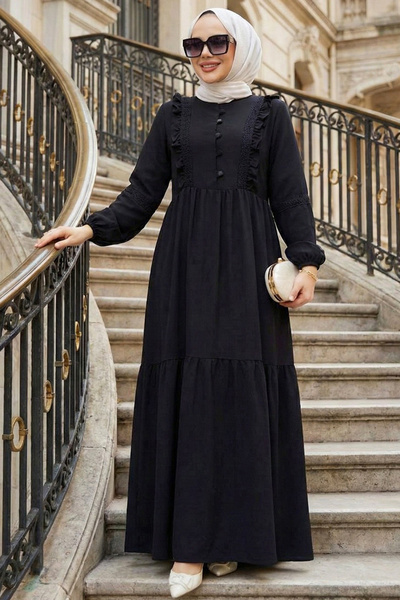 N.S NEVA STYLE Ruffle Detailed Black Hijab Dress 10318S