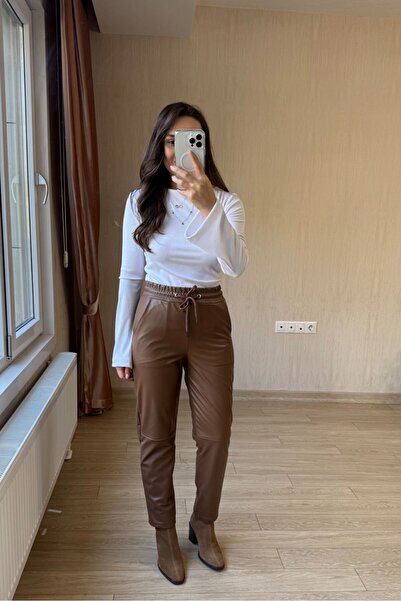 TREND KOMBİN Women's Lycra Faux Leather Jogger Pants – High Waist, Lined Insi...