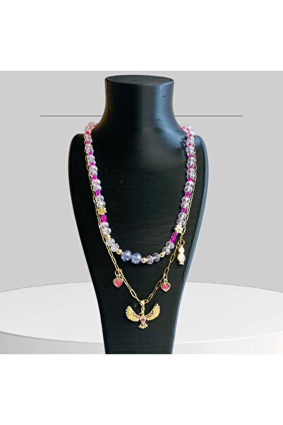 Butik Steel Phoenix Combination in Gold Color Steel Chain End Pink Glass Bead...