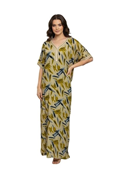 Comfort Women Abstract Brush Print Maxi Jalabiya with V Neck Loose Fit