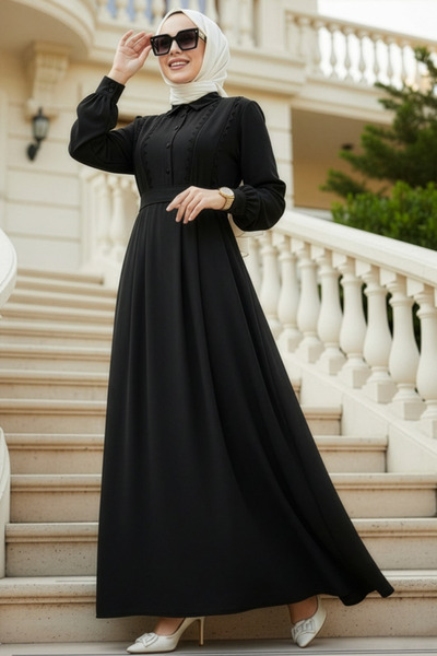 N.S NEVA STYLE Black Hijab Dress with Belt 10308S