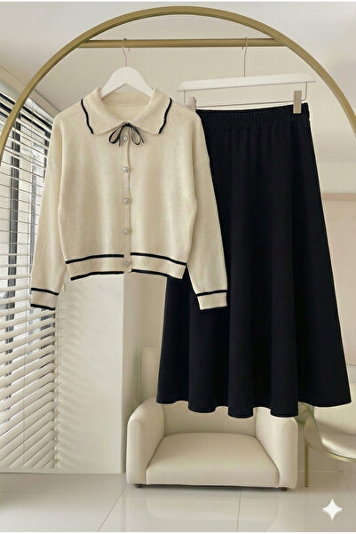 QETEENN Set dublu: Cardigan cu guler cu fundă și fustă evazată