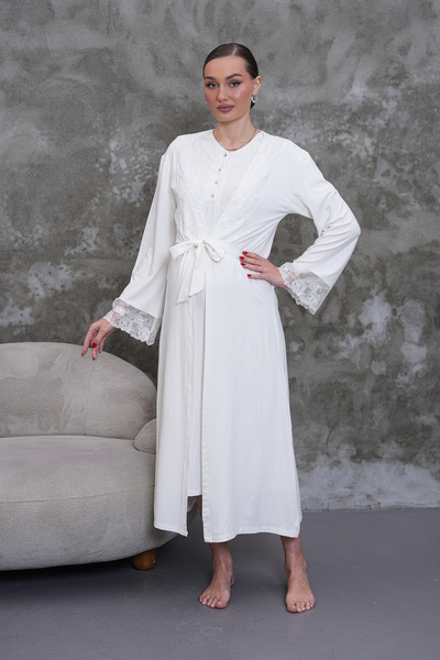 bigmama Maternity Nightgown and Dressing Gown Set, Lace Cotton Maternity Set