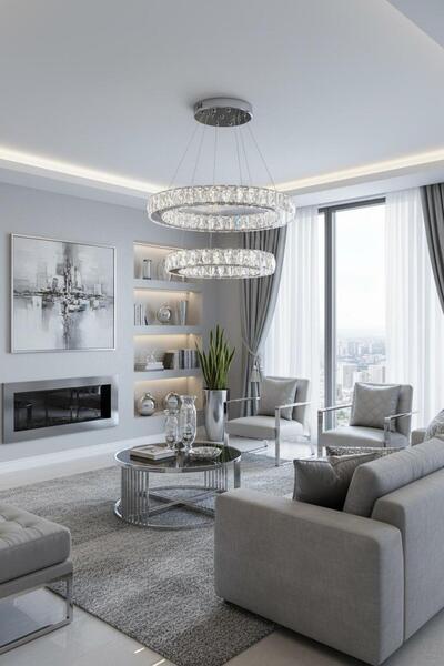 Elizim Home Lighting Kristal 2 katlı uzaktan kumandalı krom avize