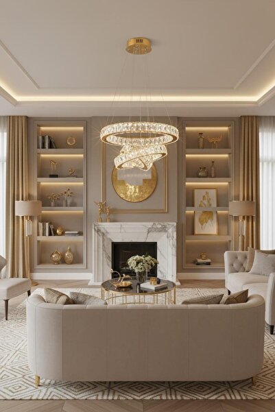Elizim Home Lighting Kristal 3 katlı ledli uzaktan kumandalı gold avize