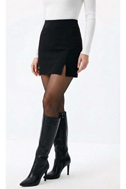 KANİKEY Kadın Kışlık Yırtmaçlı Şort Etek Siyah