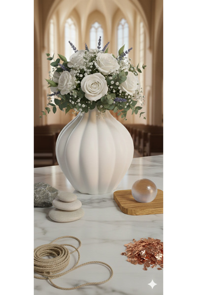 Velorahomee Bohem Tarzı Beyaz Dekoratif Oluklu Vazo - 14 cm Minimalist