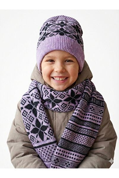 Neden Tekstil Lilac Patterned Children's Scarf and Beanie Set