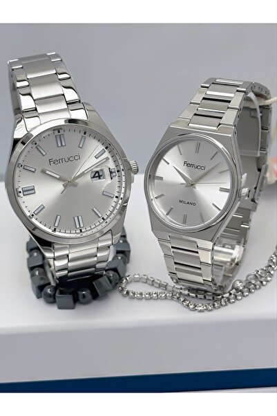 Ferrucci Steel Cord Calendar Lover Couple Wristwatches + Bracelet Gift