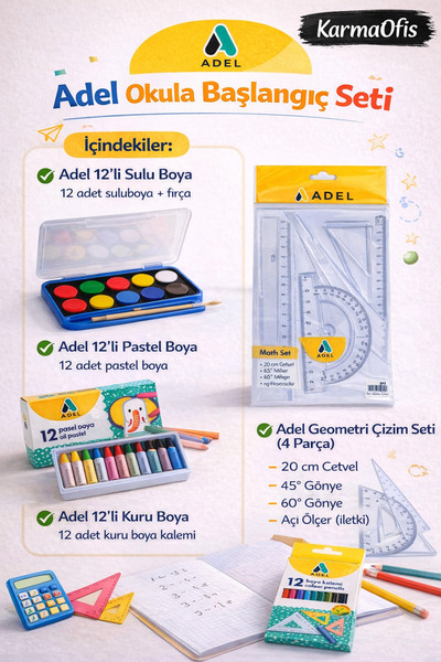 Adel Okula Başlangıç Seti – 12’li Sulu Boya, Kuru Boya, Pastel Boya ve Geomet...