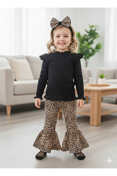 ues Kız Çocuk Leopar Desenli Bandana Ve İspanyol Paça Pantolon ve Omuzdan Fır...
