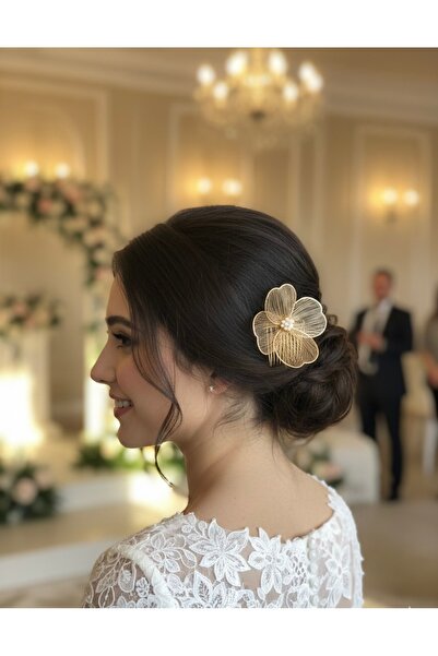 Çınar Aksesuar Gold Plated Flower Shaped Bridal Hairpin - Pearl Detailed Hand...