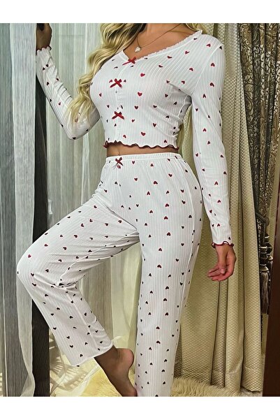 thesecret desire Heart Patterned Ribbed Long Sleeve Women's Pajama Set 3826-L