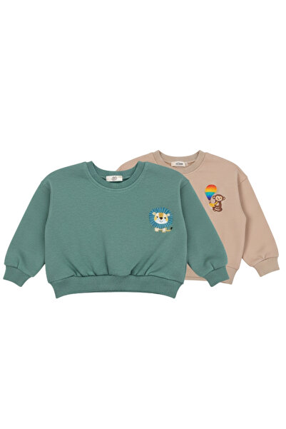 LOGO AKSESUAR Boy's Cotton Colorful Printed Oversize 2-Piece 3-Strand Sweatshirt