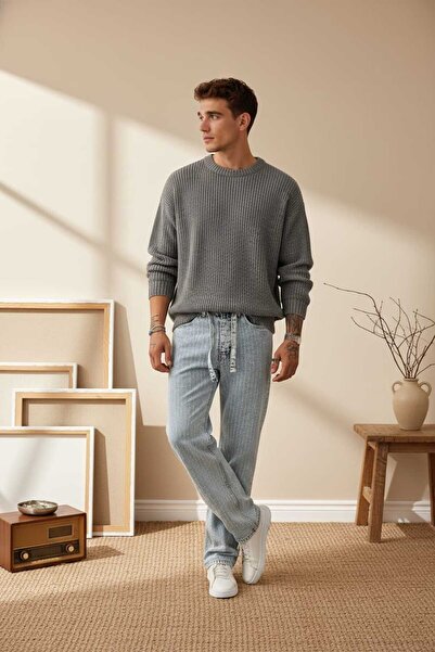 Wonraces Men's Ice Blue Baggy Washed Jeans with Drawstring Waist, Striped Pat...