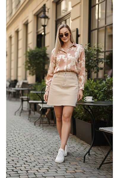 Polologin Butik Patterned Satin Shirt - Milk Coffee & Ecru Abstract Patterned